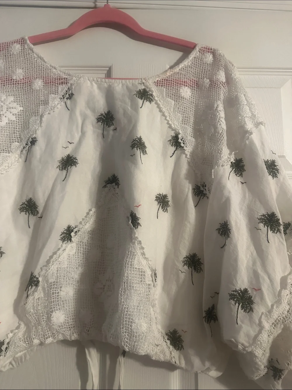 Free People White Cropped Boho Blouse with Green Palm Embroidery